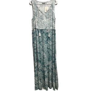 NWT Wonderly Bohemian Green Paisley Sleeveless Tiered‎ Peasant Maxi Dress Size M